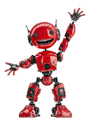 Cute red Android robot raising hands to greet humans on transparent background PNG
