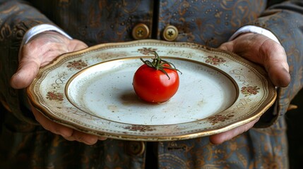 A single tomato on a fancy plate, held by hands in fancy sleeves.