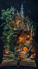 "Enchanted Storybook Castle Emergence"
"Open Book with Fairytale Forest Landscape"
"Storybook Fantasy Realm Projection"
"Illustrated Tale Emerging from Open Pages"
