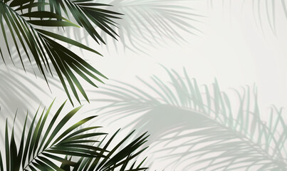 Tropical palm leaves shadow on white background with copy space. Minimal summer concept. 3D Rendering. Vector illustration.