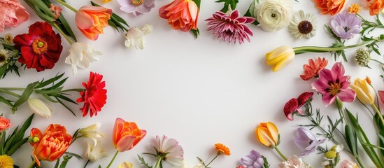 Arrangement of flowers. Circular display created with a variety of colorful flowers against a white backdrop. Representing Easter, spring, and summer themes. - Powered by Adobe