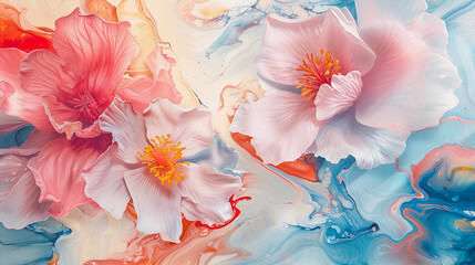 Fluid abstract expressionism, blooming flowers, Aesthetics colorful floral inspirational tenderness illustration, oil paint, Wall decoration photo, Generated AI.