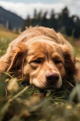 Brown dog sleep  in the grass