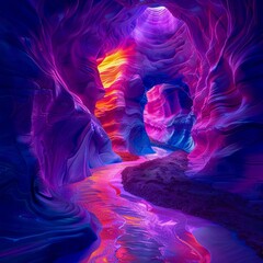 Illustration of a slot canyon with a vibrant, abstract color palette, celebrating the surreal beauty of natural light