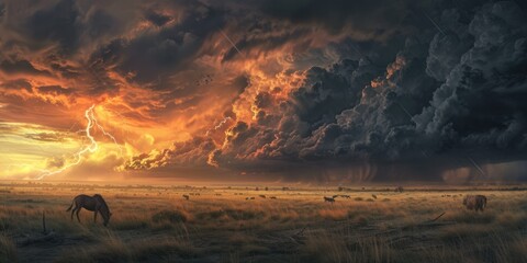 A vivid artwork of an African savannah scene, where the tranquility of a sunset is contrasted with the powerful drama of an approaching thunderstorm. Resplendent. - obrazy, fototapety, plakaty