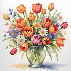 A watercolor painting of a vibrant bouquet of assorted flowers, including tulips and daisies, in a glass vase.