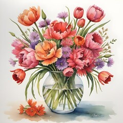 A watercolor painting of a vibrant bouquet of assorted flowers, including tulips and daisies, in a  glass vase.