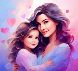 precious moments of mother and daughter abstract pastel hearts background,generative AI 