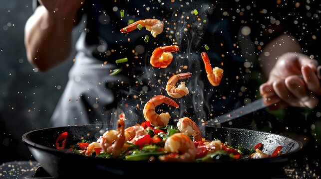 Chef tosses shrimp and veggies in a pan, dramatic culinary action shot. Perfect for food blogs and menus. Dynamic cooking scene captured. AI