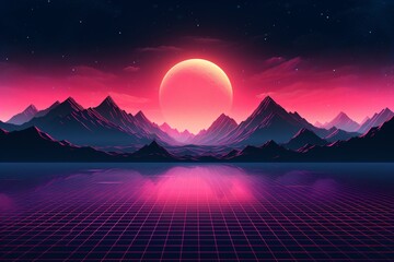 Vaporwave Landscape background, Synthwave wallpaper, sunset with mountains and palm trees, Retro 80s science fiction background, Synthwave 90s neon background, sci fi sunset Scenery, AI Generative - obrazy, fototapety, plakaty