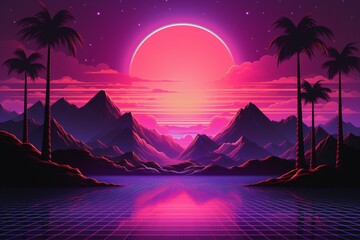 Vaporwave Landscape background, Synthwave wallpaper, sunset with mountains and palm trees, Retro 80s science fiction background, Synthwave 90s neon background, sci fi sunset Scenery, AI Generative