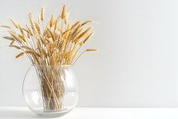 A bouquet of wheat in a transparent glass vase. White background