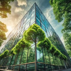 Exemplifying the ESG - Environmental, Social, Governance concept, a corporate glass building facade...