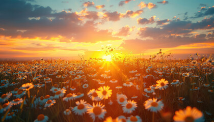 Summer spring landscape chamomile field at sunset or dawn