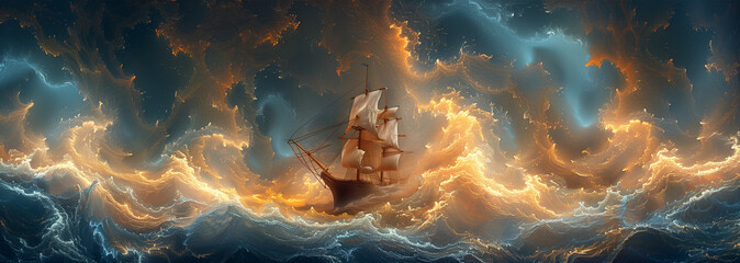 Fractal pirate adventure: a majestic pirate ship rides the tumultuous ocean waves, its sails billowing in a mesmerizing fractal pattern, as fearless pirates embark on an epic journey - obrazy, fototapety, plakaty