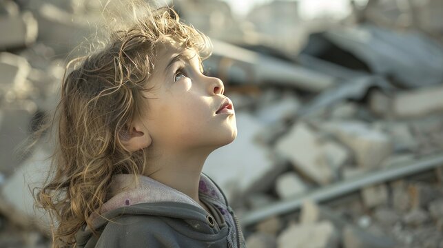 photo of a terryfied child in destroyed Gaza looking up to the sky 