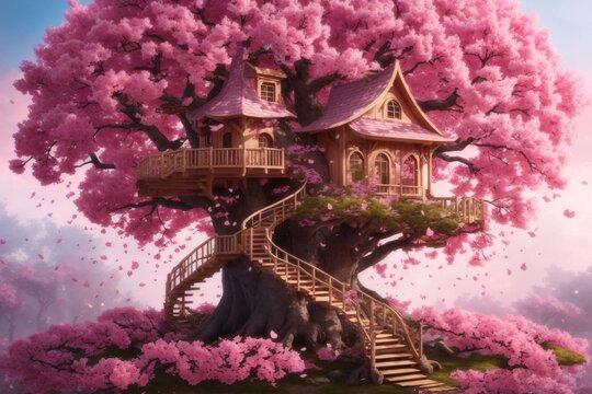 Mystical Treehouse in Cherry Blossom Tree, Fantasy treehouse surrounded by magical blossoms, Treehouse Wallpaper, Beautiful Sakura Tree with a house, Mystical Treehouse, AI Generative