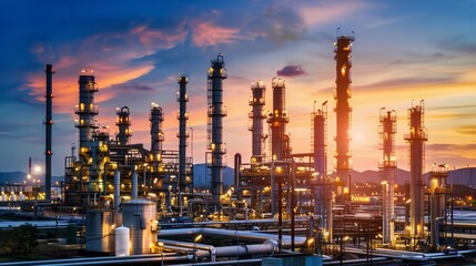 Fototapeta premium Industrial Oil Refinery Plant at Sunset with Bright Lights and Towers for Petrochemical and Energy Production