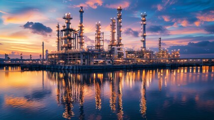 Obraz premium Petrochemical Refinery Plant with Industrial Towers and Colorful Sky Reflections on Water at Sunset