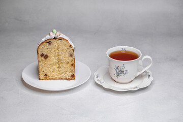 Cross-section of Easter cake and a cup of tea