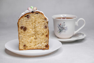 Cross-section of Easter cake and a cup of tea