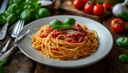 A scrumptious meal: spaghetti with sauce and herbs in a big bowl on a wooden table. Utensils—forks, spoons, and knives—are neatly placed around the bowl. Ready to enjoy!