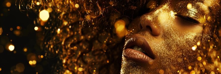 Gold Curly Hair Portrait, High Fashion Model Woman in Golden Bright Sparkles in Curly Hair, Gold Curls - obrazy, fototapety, plakaty