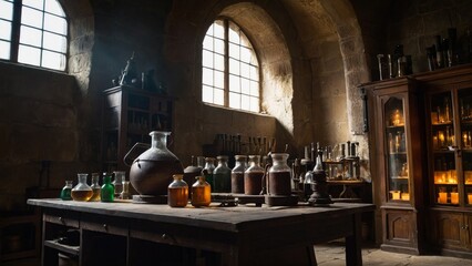 old-fashioned charm of alchemy, this photograph portrays an alchemist's lab as a place of mysticism, science, and ancient