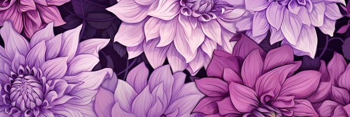Seamless pattern with hand drawn dahlia flowers, pink and purple colors, Generative AI