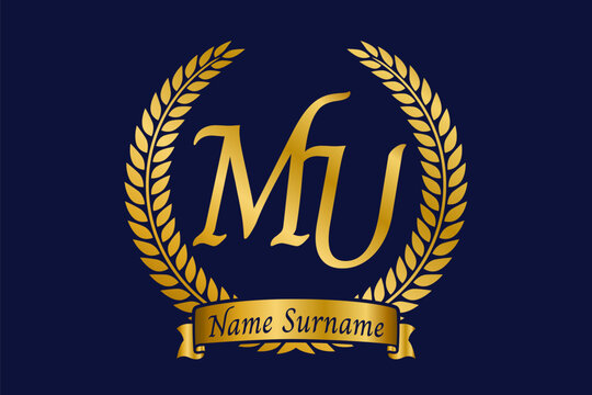 Initial letter M and U, MU monogram logo design with laurel wreath. Luxury golden calligraphy font.