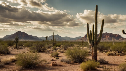 Arid desert landscape with cacti and mountains in the background

