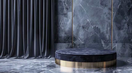 Minimalist podium with a velvet surface, luxurious and opulent for high fashion items. - obrazy, fototapety, plakaty