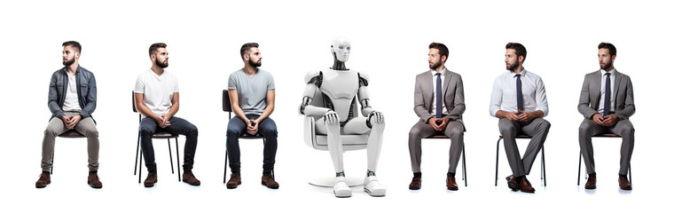 Fototapeta premium Man AI Competition, Business People Queue Isolated, Artificial Intelligence Waiting for Job Interview