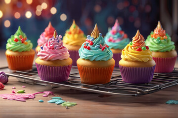 Colorful buttercream frosted cupcakes with swirled toppings on cooling rack. - obrazy, fototapety, plakaty
