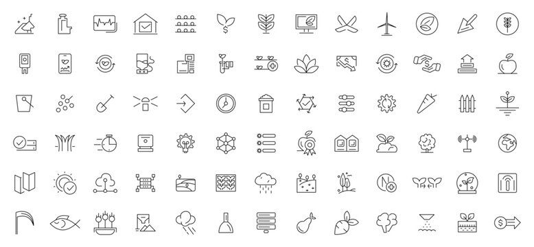 Farming productivity icons set. Agricultural business, harvest. UI flat icons collection. Outline icon collection. Thin outline icons pack