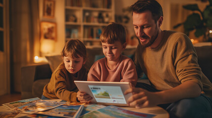 Fototapeta na wymiar Cozy Family Evening with Father Reading to Children by Warm Light