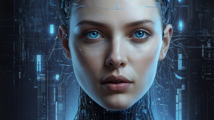 Naklejka na ściany i meble A surreal illustration depicting woman face , overlaid with futuristic digital virtual interfaces structures and code, neural link connections between humanity and technology.