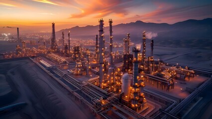 Fototapeta na wymiar Twilight view of petroleum gas production at an oil refinery in the desert. Concept Oil Refinery, Petroleum Gas, Desert Landscape, Twilight View, Industrial Setting