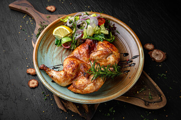 Juicy Chicken tabaka whole cooked with spices. Menu for a pub on a dark background. Colorful juicy food photography. - obrazy, fototapety, plakaty