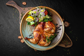 Juicy Chicken tabaka whole cooked with spices. Menu for a pub on a dark background. Colorful juicy...