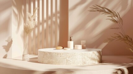 Oval stone podium in a serene pastel setting, calm and peaceful for spa products.