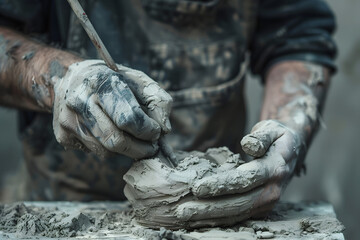 Obraz premium A sculptor with their clay tools, intensely focusing on a sculpture, set against a minimalist stone grey background, highlighting the art of sculpting 