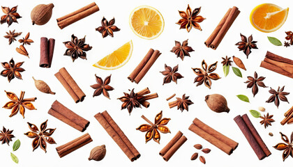Various spices and fruits are arranged on a white background
