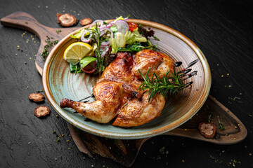 Juicy Chicken tabaka whole cooked with spices. Menu for a pub on a dark background. Colorful juicy food photography. - obrazy, fototapety, plakaty