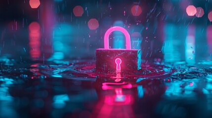   A pink padlock atop a water puddle, set against a backdrop of blue and pink rain-streaked background