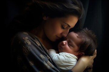 A tender and caring moment of a mother holding a baby on black background