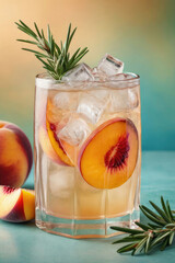 Summer drink. Refreshing lemonade or alcoholic cocktail with ice, rosemary and peach slices on pastel background.