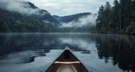   A canoe sits in the middle of the serene lake, surrounded by towering mountains in the backdrop, and adorned with fluffy clouds in the azure sky overhead - obrazy, fototapety, plakaty