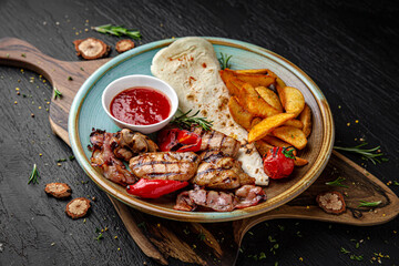Juicy kebab with slices of potatoes at home. Menu for a pub on a dark background. Colorful juicy...