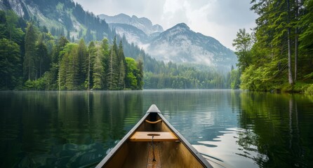   A canoe sits in the middle of the serene lake, surrounded by lush trees in the foreground In the distance, majestic mountains form an impressive backdrop - obrazy, fototapety, plakaty